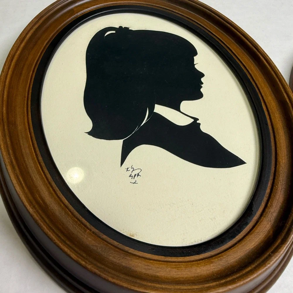 Vintage Pair Silhouette Profile Portraits Boy and Girl Oval Wood Frames Signed